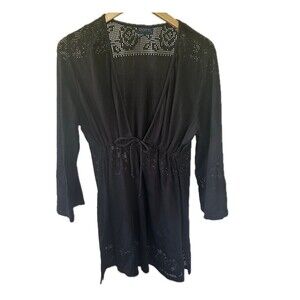 Dotti Plunging Floral Lace Drawstring Pullover Swim Cover Up Dress One Size